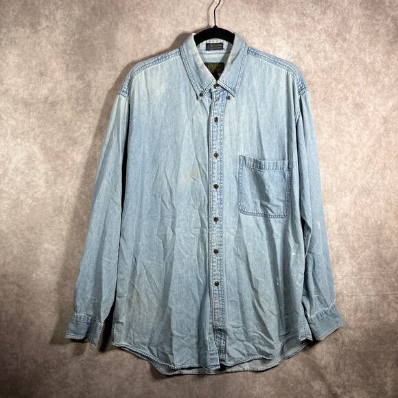 Chaps Ralph Lauren Dress Shirt Mens Size 16.5 34/35 Blue Denim Button Down FLAW - Picture 1 of 16